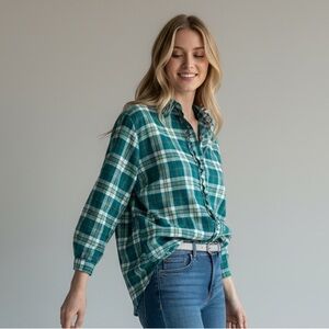 LOFT Green Plaid Ruffle High‎ Neck Ruffle Front Button Down Shirt NEW Size Large